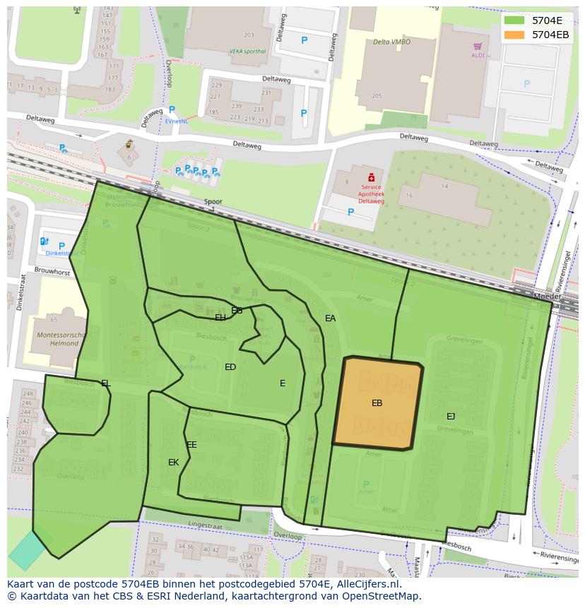 Afbeelding van het postcodegebied 5704 EB op de kaart.