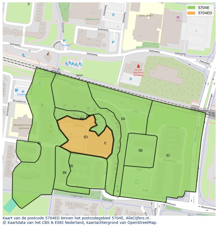 Afbeelding van het postcodegebied 5704 ED op de kaart.