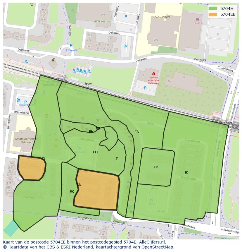 Afbeelding van het postcodegebied 5704 EE op de kaart.
