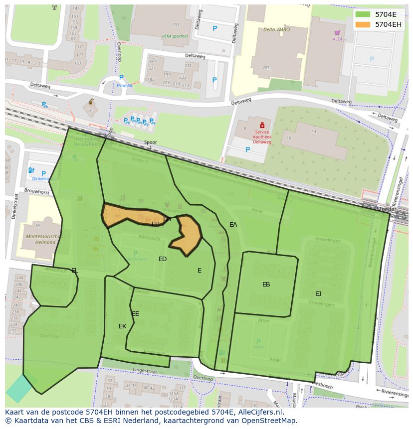 Afbeelding van het postcodegebied 5704 EH op de kaart.