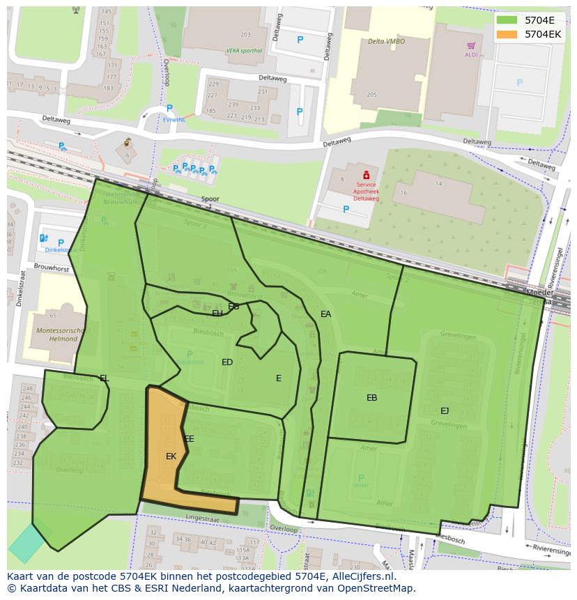 Afbeelding van het postcodegebied 5704 EK op de kaart.