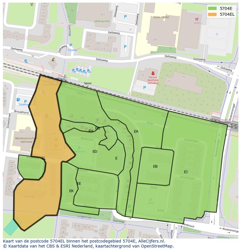 Afbeelding van het postcodegebied 5704 EL op de kaart.