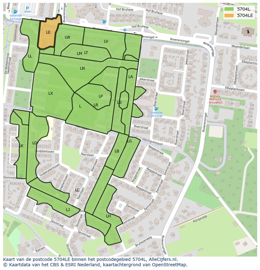 Afbeelding van het postcodegebied 5704 LE op de kaart.
