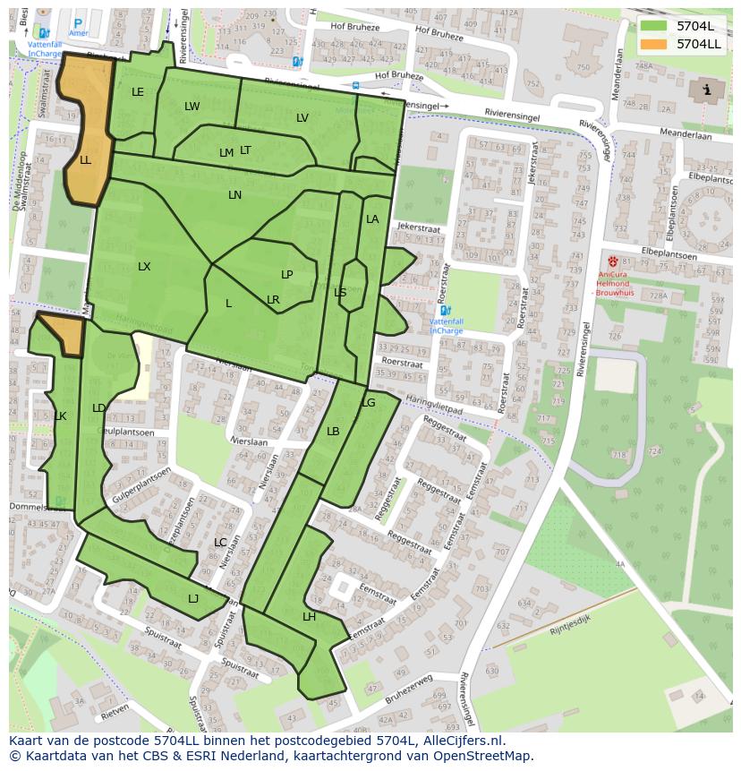 Afbeelding van het postcodegebied 5704 LL op de kaart.