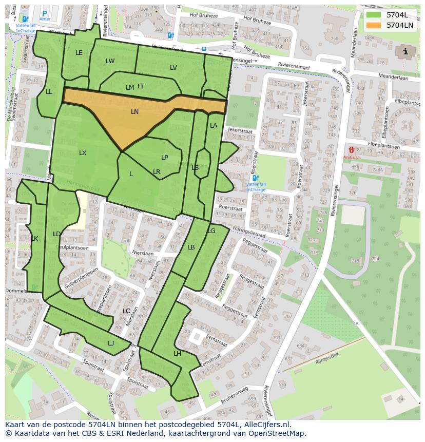Afbeelding van het postcodegebied 5704 LN op de kaart.