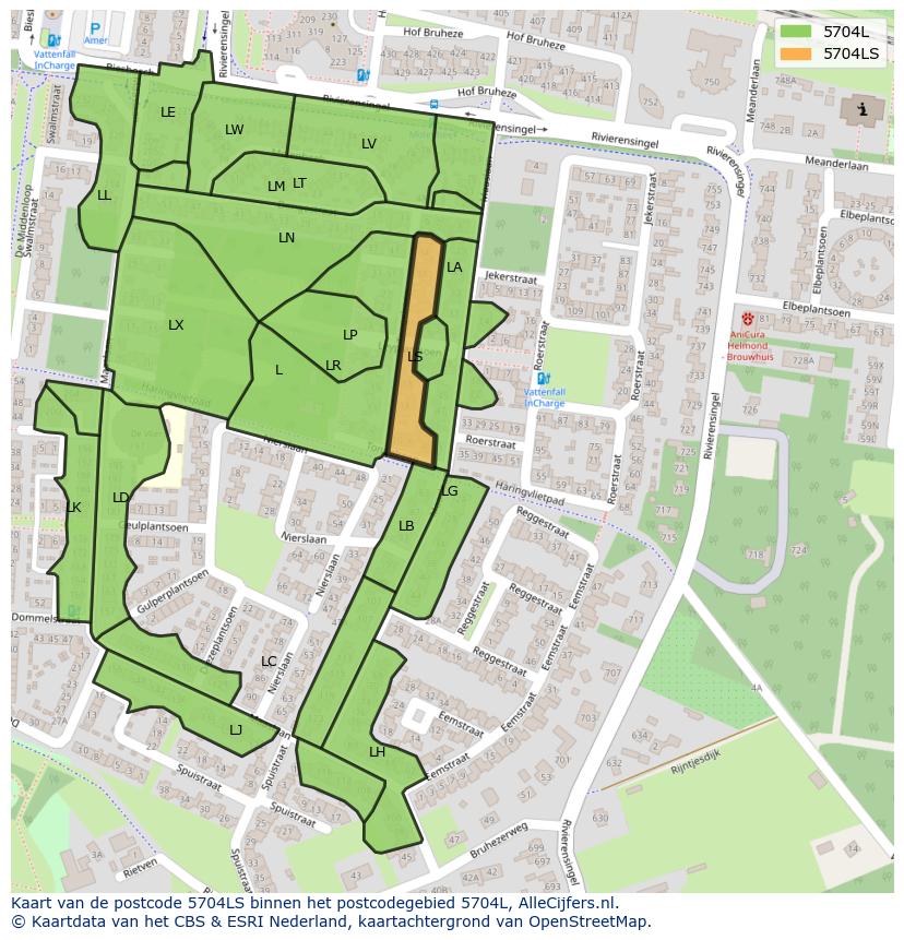 Afbeelding van het postcodegebied 5704 LS op de kaart.