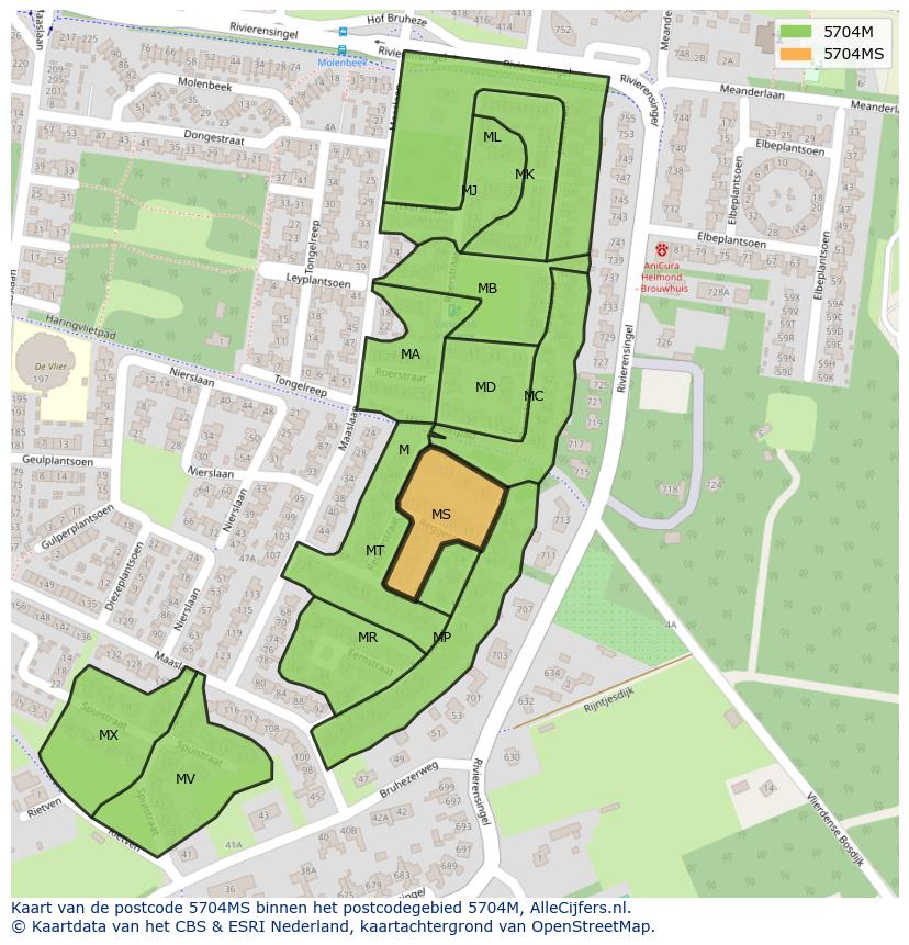 Afbeelding van het postcodegebied 5704 MS op de kaart.