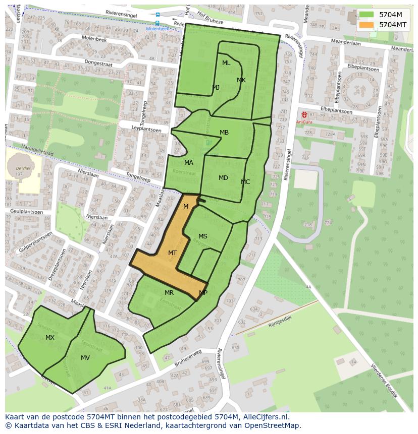 Afbeelding van het postcodegebied 5704 MT op de kaart.