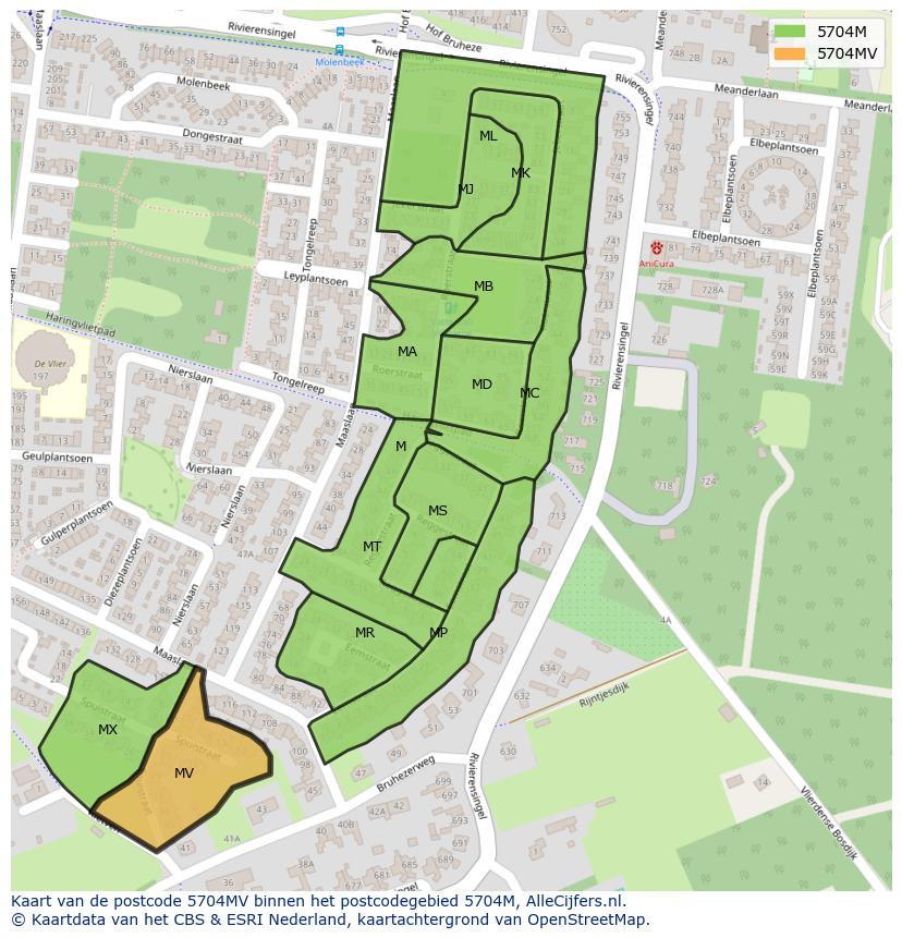 Afbeelding van het postcodegebied 5704 MV op de kaart.