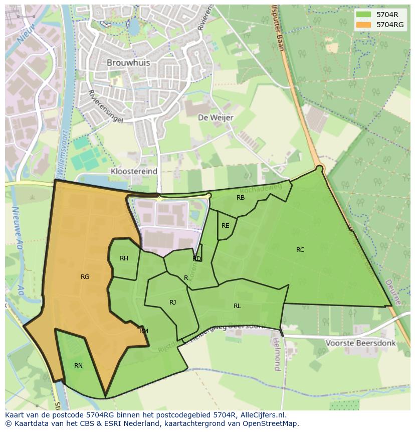 Afbeelding van het postcodegebied 5704 RG op de kaart.