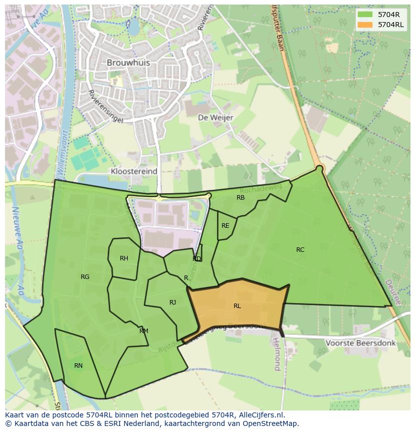 Afbeelding van het postcodegebied 5704 RL op de kaart.