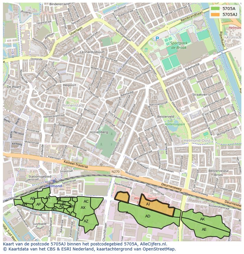 Afbeelding van het postcodegebied 5705 AJ op de kaart.