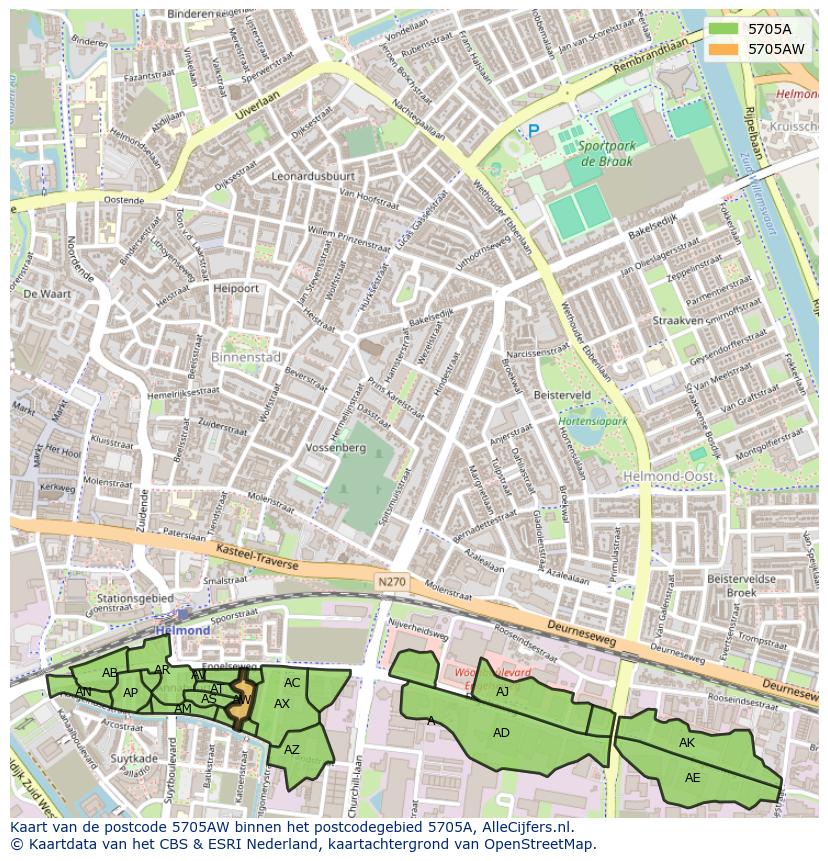 Afbeelding van het postcodegebied 5705 AW op de kaart.