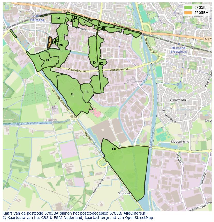 Afbeelding van het postcodegebied 5705 BA op de kaart.