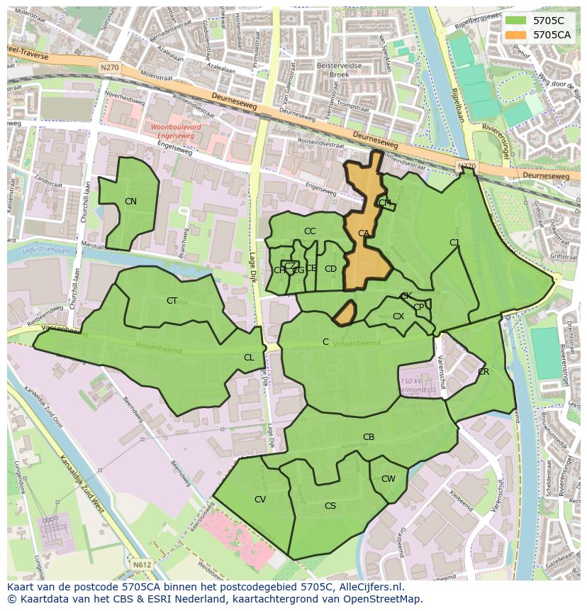 Afbeelding van het postcodegebied 5705 CA op de kaart.