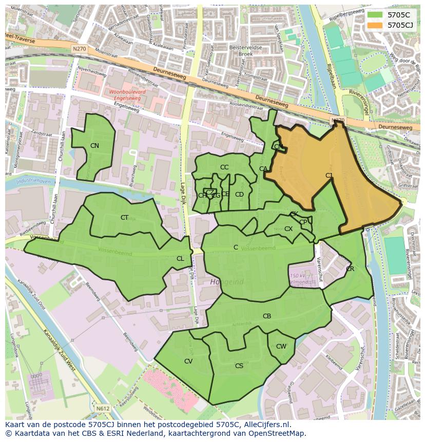Afbeelding van het postcodegebied 5705 CJ op de kaart.