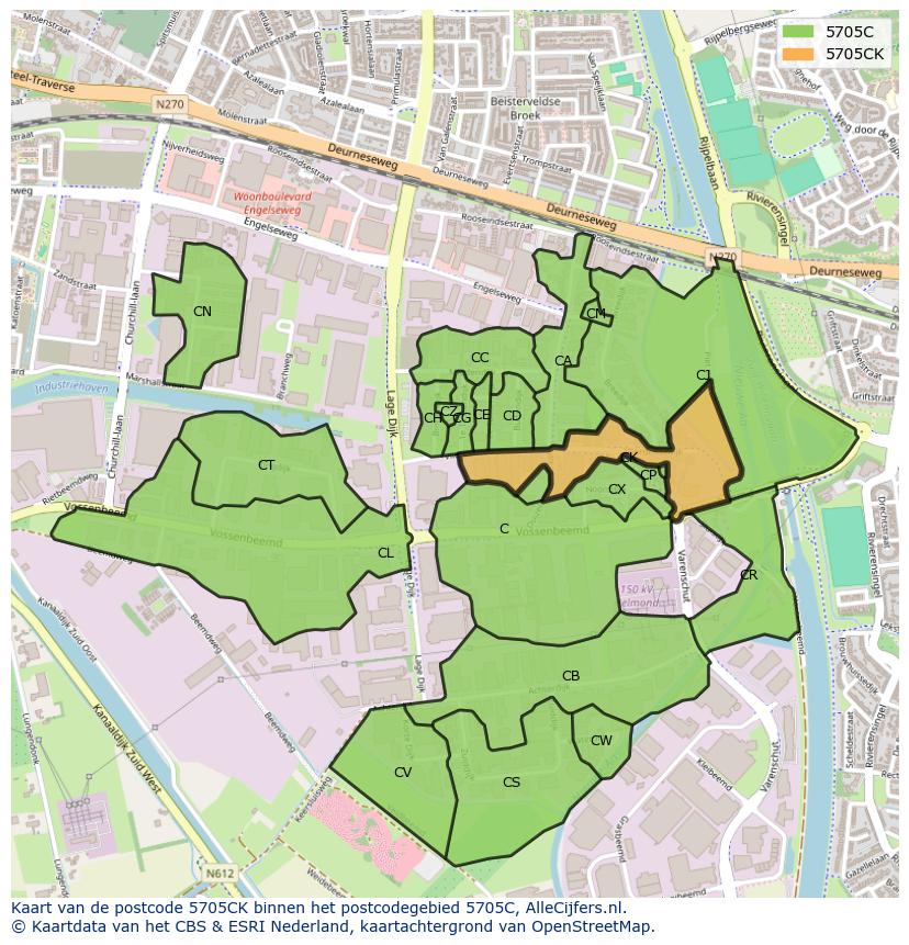 Afbeelding van het postcodegebied 5705 CK op de kaart.