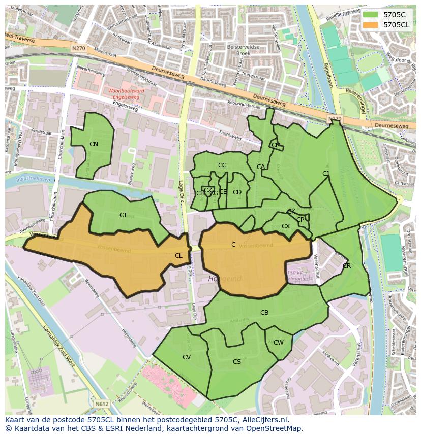 Afbeelding van het postcodegebied 5705 CL op de kaart.