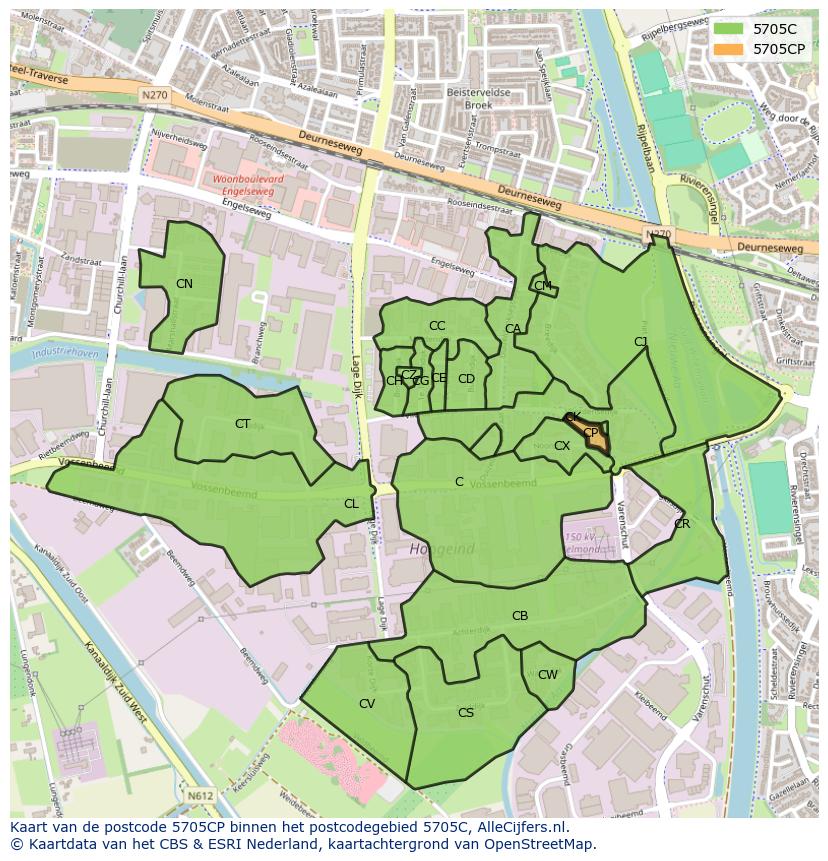 Afbeelding van het postcodegebied 5705 CP op de kaart.