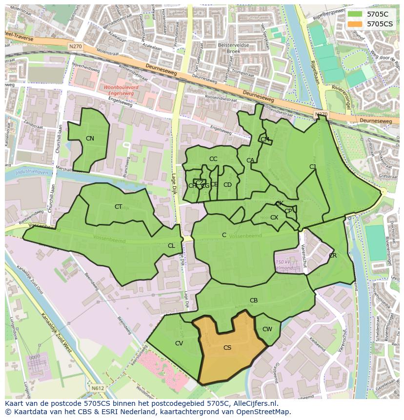 Afbeelding van het postcodegebied 5705 CS op de kaart.