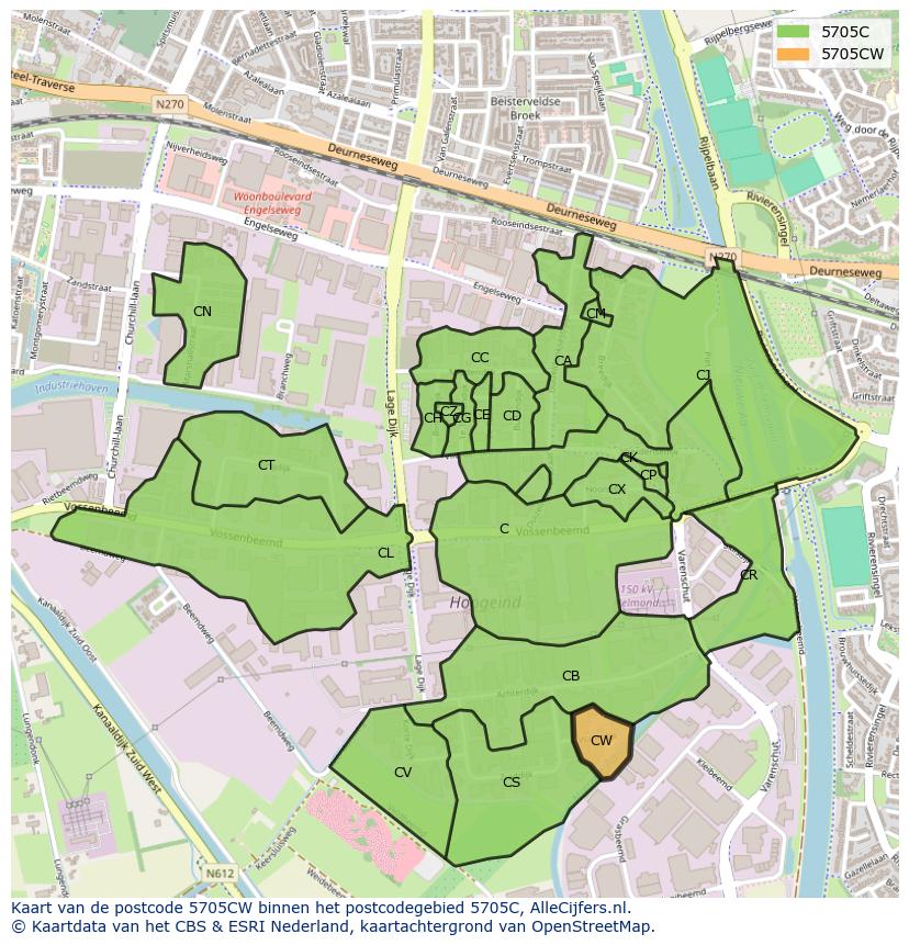 Afbeelding van het postcodegebied 5705 CW op de kaart.