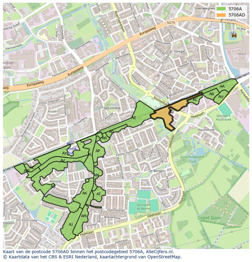 Afbeelding van het postcodegebied 5706 AD op de kaart.