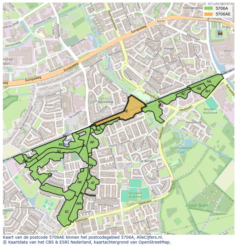 Afbeelding van het postcodegebied 5706 AE op de kaart.