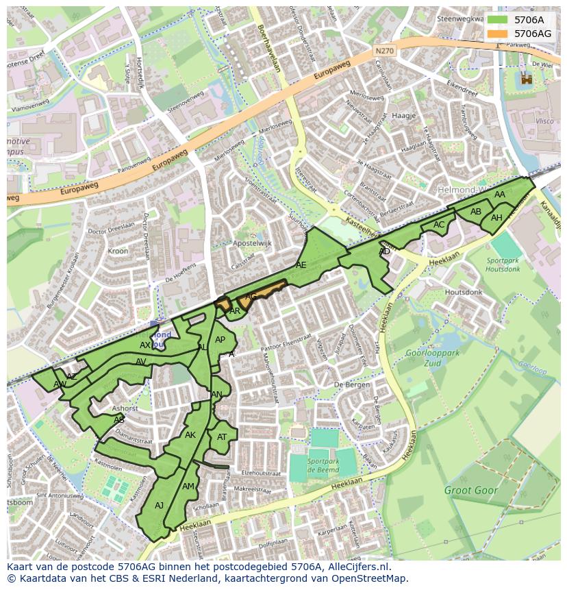 Afbeelding van het postcodegebied 5706 AG op de kaart.