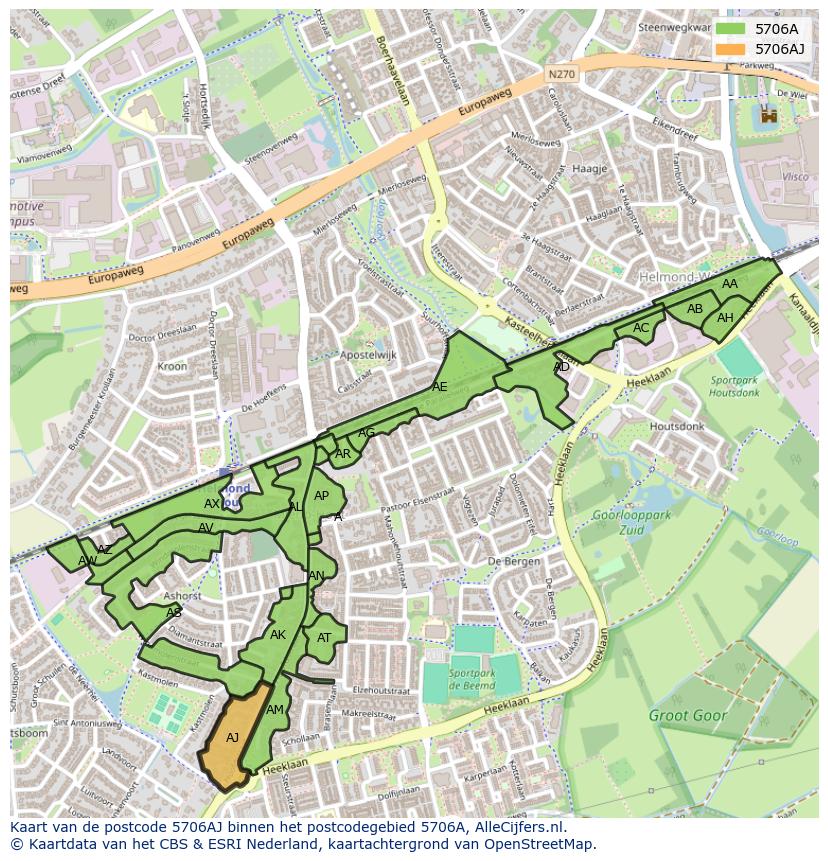 Afbeelding van het postcodegebied 5706 AJ op de kaart.