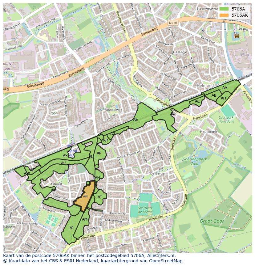Afbeelding van het postcodegebied 5706 AK op de kaart.