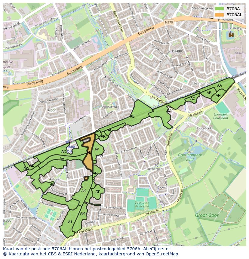 Afbeelding van het postcodegebied 5706 AL op de kaart.
