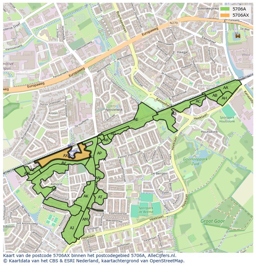 Afbeelding van het postcodegebied 5706 AX op de kaart.