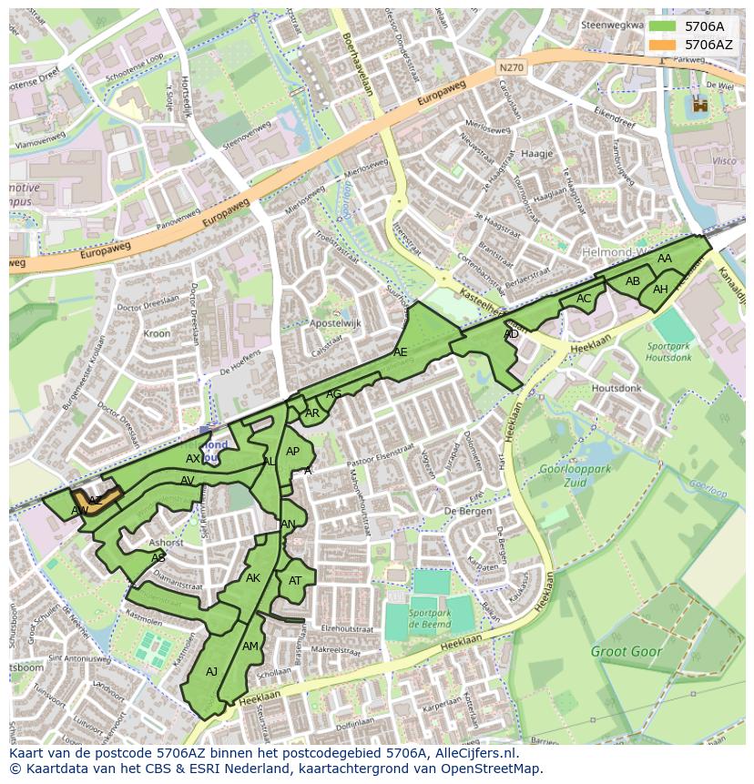 Afbeelding van het postcodegebied 5706 AZ op de kaart.
