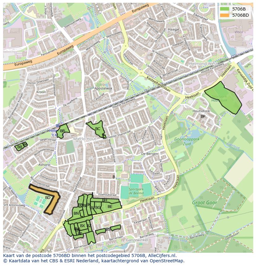 Afbeelding van het postcodegebied 5706 BD op de kaart.