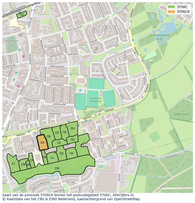 Afbeelding van het postcodegebied 5706 CA op de kaart.