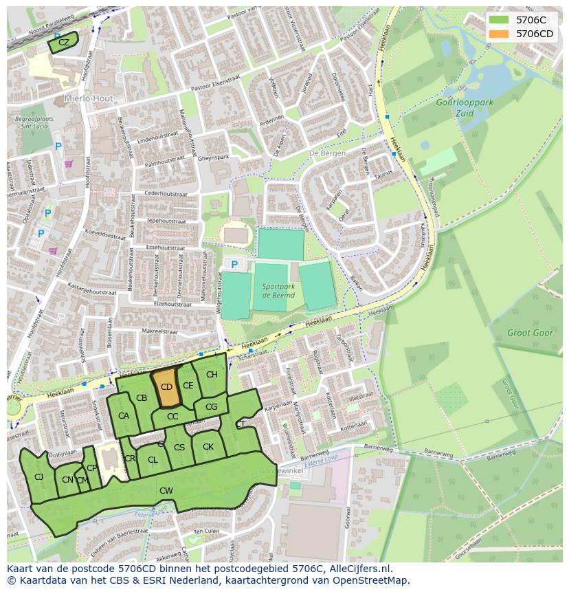 Afbeelding van het postcodegebied 5706 CD op de kaart.