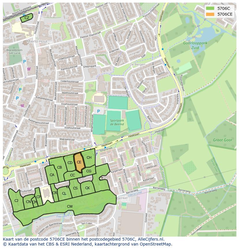 Afbeelding van het postcodegebied 5706 CE op de kaart.