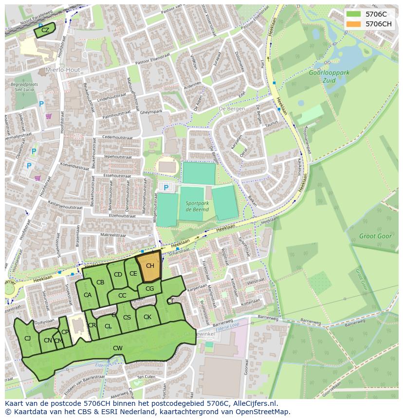 Afbeelding van het postcodegebied 5706 CH op de kaart.