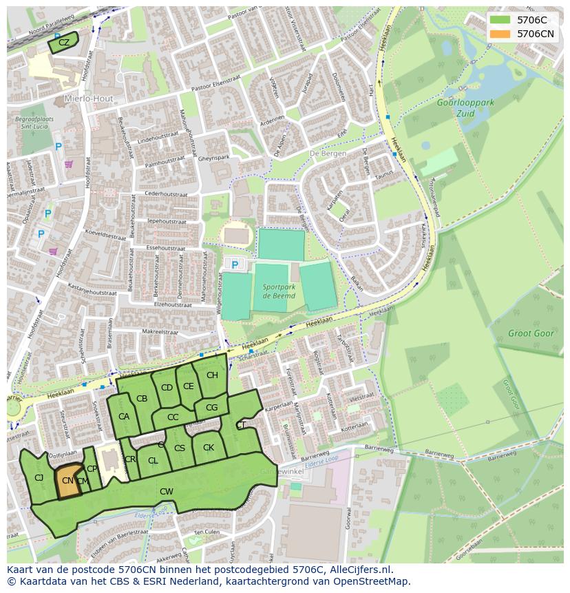 Afbeelding van het postcodegebied 5706 CN op de kaart.