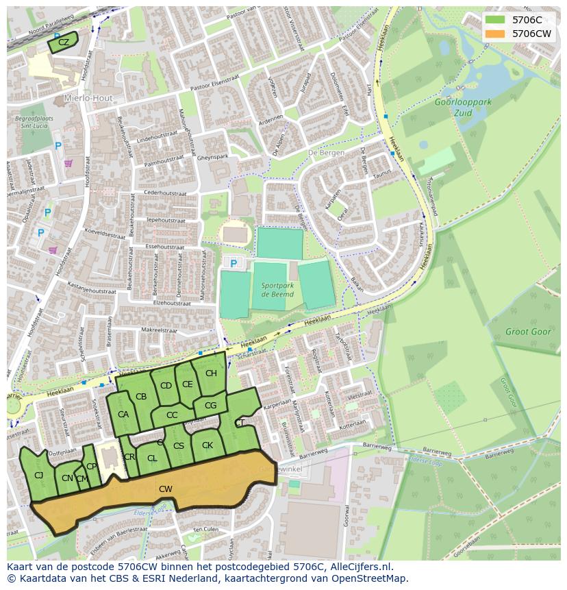 Afbeelding van het postcodegebied 5706 CW op de kaart.