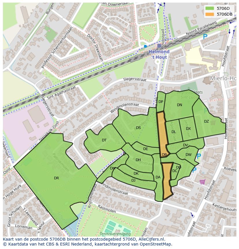 Afbeelding van het postcodegebied 5706 DB op de kaart.