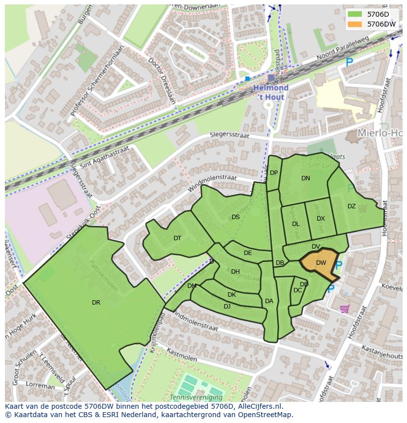 Afbeelding van het postcodegebied 5706 DW op de kaart.