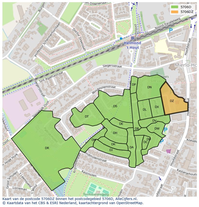 Afbeelding van het postcodegebied 5706 DZ op de kaart.