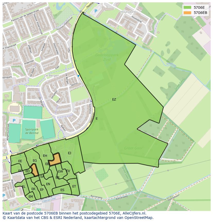 Afbeelding van het postcodegebied 5706 EB op de kaart.