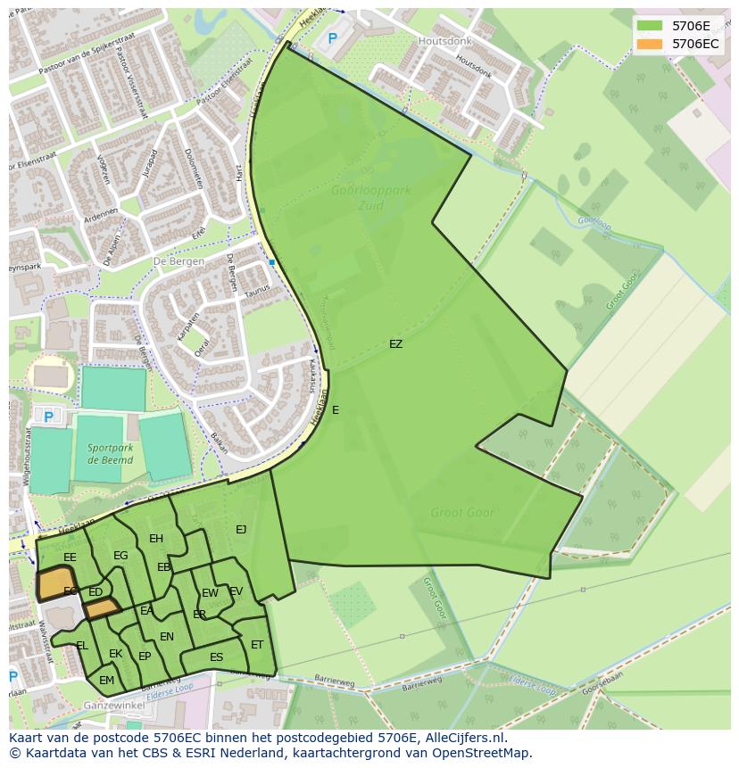 Afbeelding van het postcodegebied 5706 EC op de kaart.