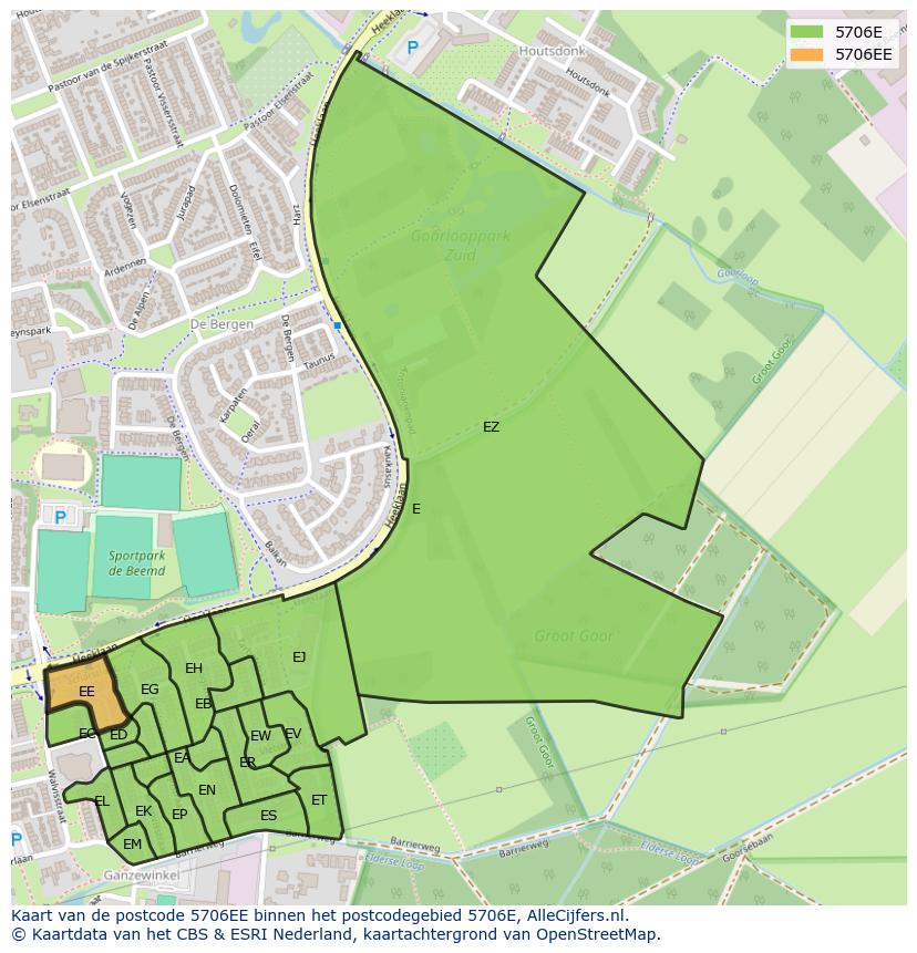 Afbeelding van het postcodegebied 5706 EE op de kaart.
