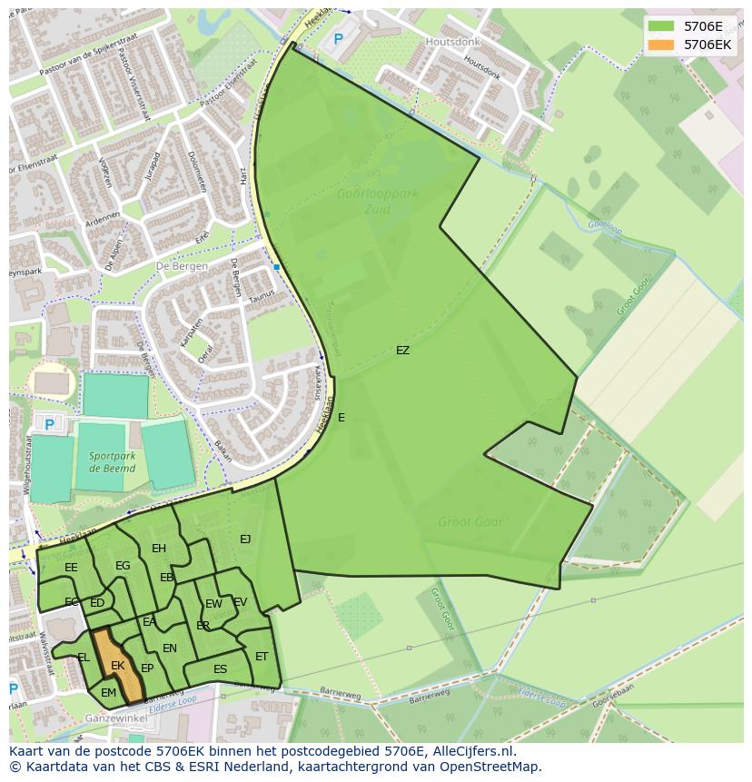 Afbeelding van het postcodegebied 5706 EK op de kaart.