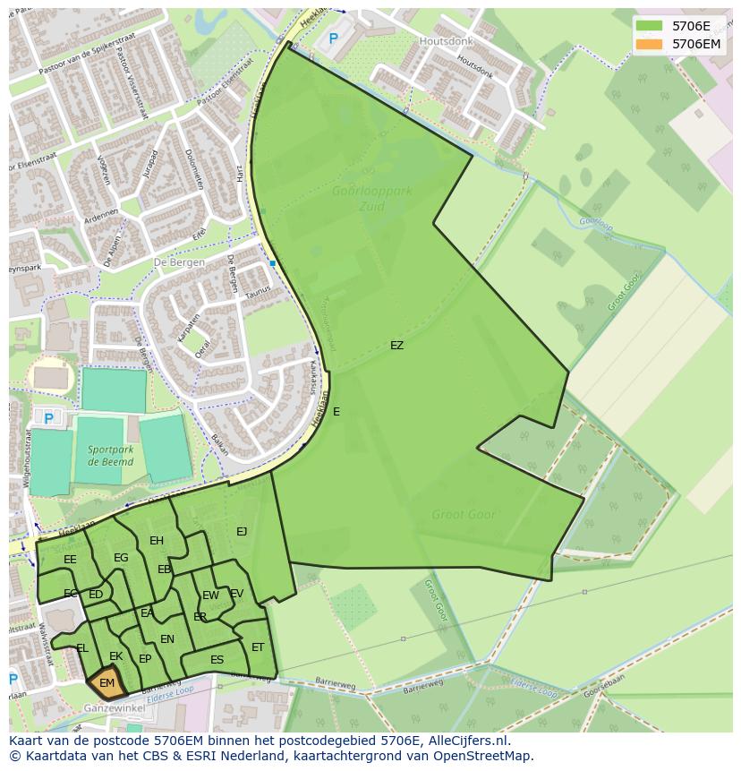Afbeelding van het postcodegebied 5706 EM op de kaart.