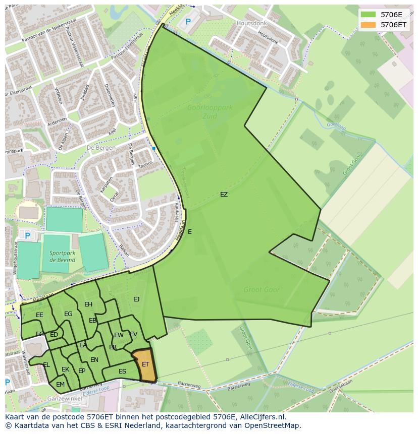 Afbeelding van het postcodegebied 5706 ET op de kaart.