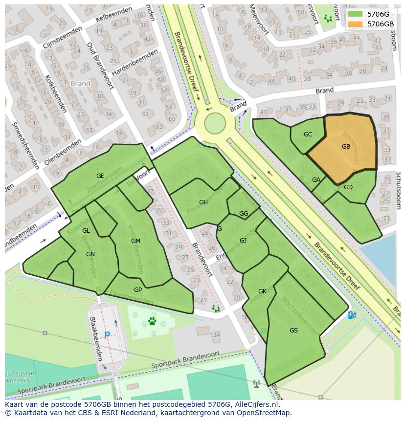 Afbeelding van het postcodegebied 5706 GB op de kaart.
